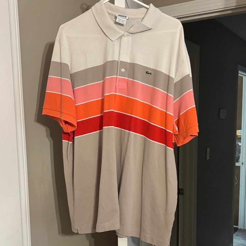 Lacoste Men's Polo with Beige, Orange, Red & Pink Stripes